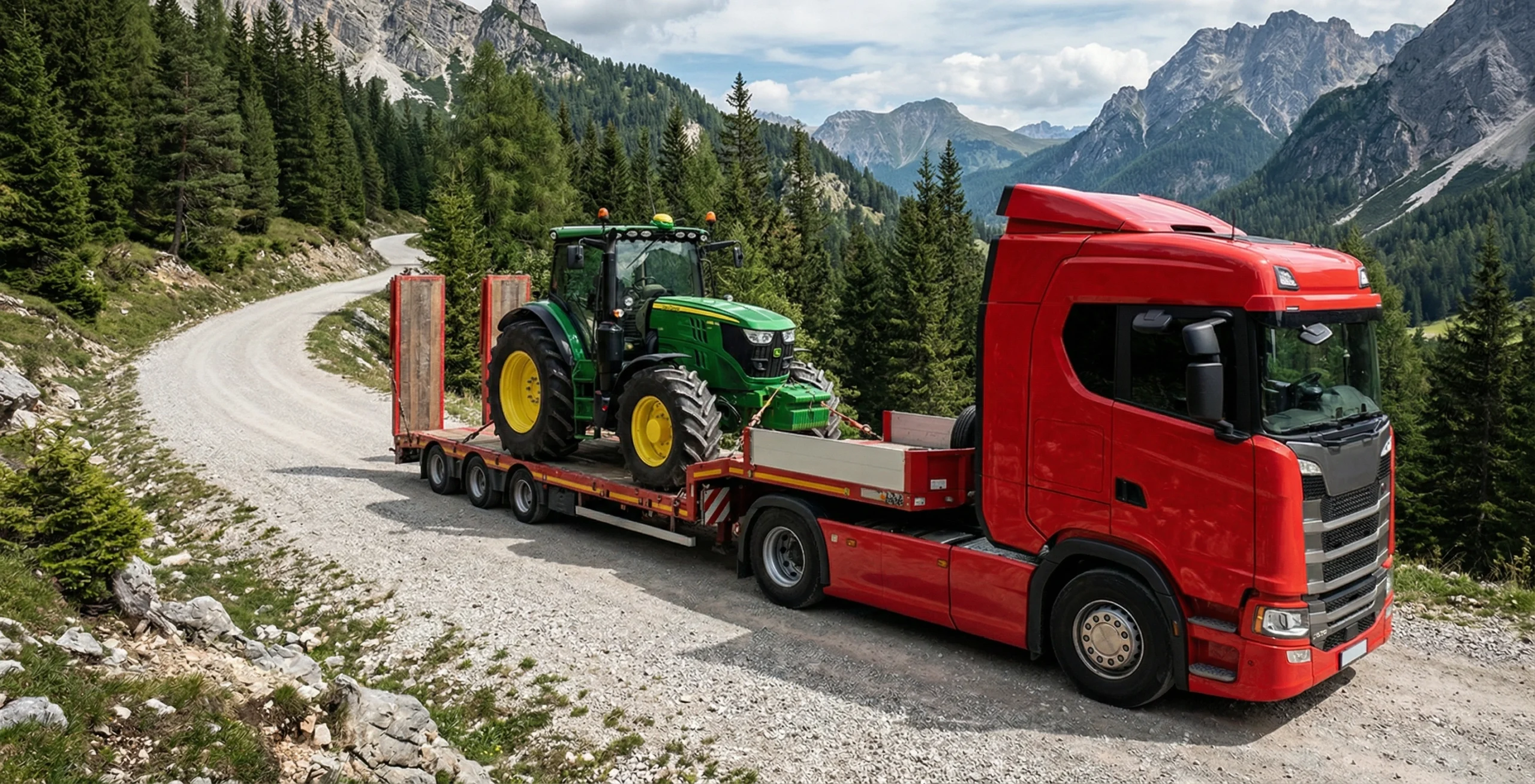 Schwertransport — Traktor auf Tieflader zur Auslieferung
