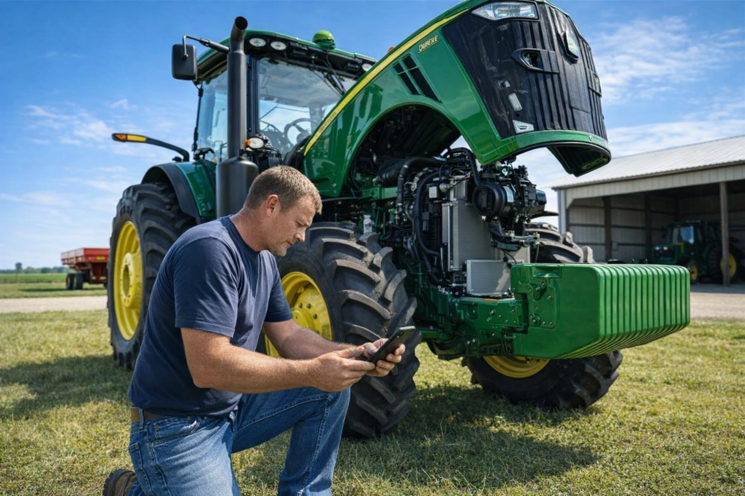 Techniker prüft Traktor bei Besichtigung — Fachexpertise vor Ort
